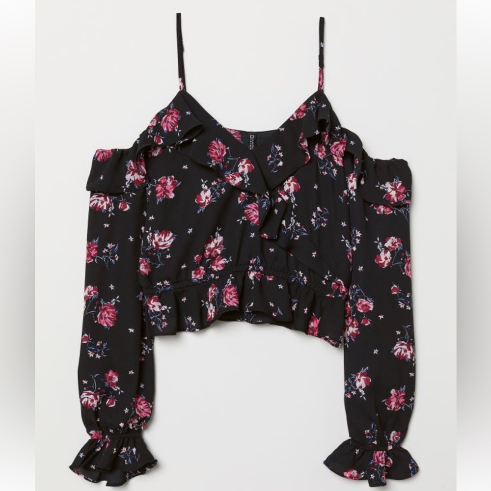 H&M Divided Black Floral Crop Cold Shoulder Blouse